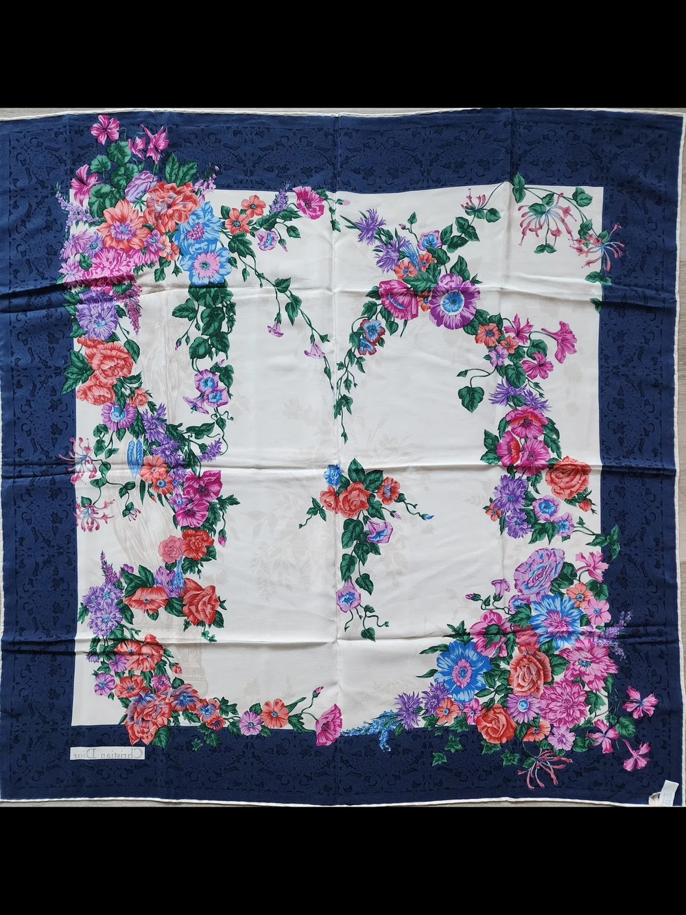 Auth Dior Floral Silk Scarf in Navy, White, Pink, Red, Blue, Green, Purple